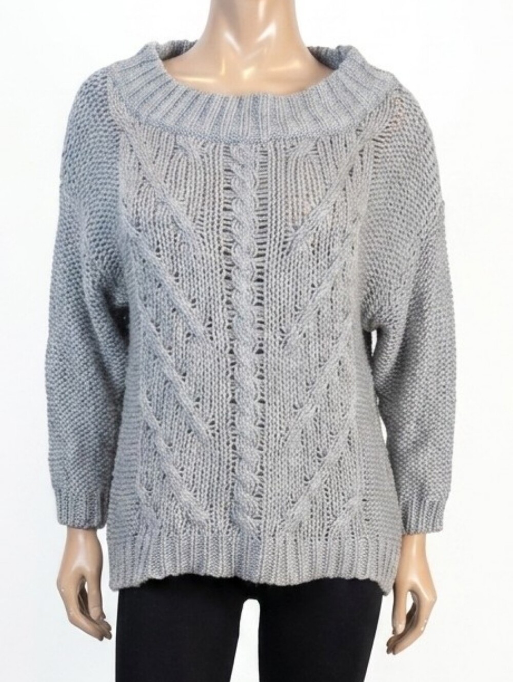Aakaa Grey Cable Knit Slouchy Wide Neck Sweater Winter Fisherman Size Small